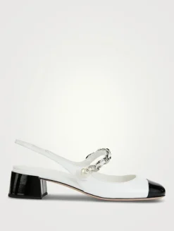 Leather Mary Jane Slingback Pumps With Pearl Chain Strap