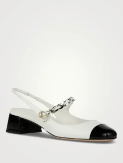 Leather Mary Jane Slingback Pumps With Pearl Chain Strap