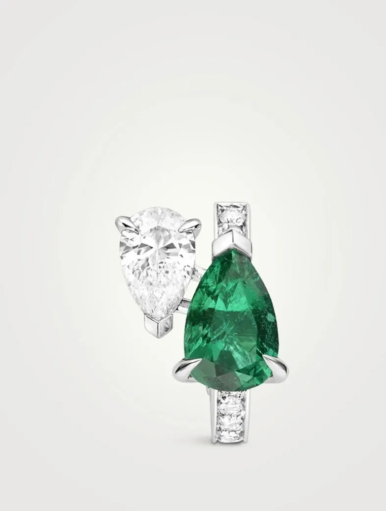 Left Serti Sur Vide White Gold Earring With Emerald And Diamonds