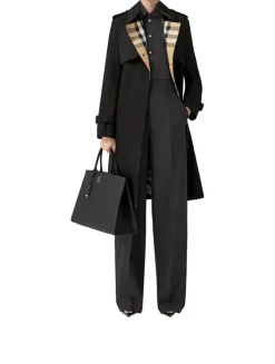 Long Check Lapel Gabardine Trench Coat