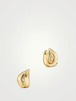 LU 18K Gold Droplet Huggie Hoop Earrings With Diamonds