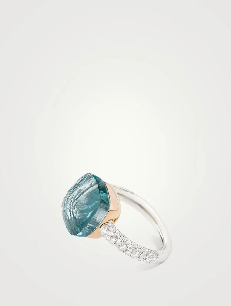 Maxi Nudo 18K White And Rose Gold Ring With Sky Blue Topaz And Diamonds