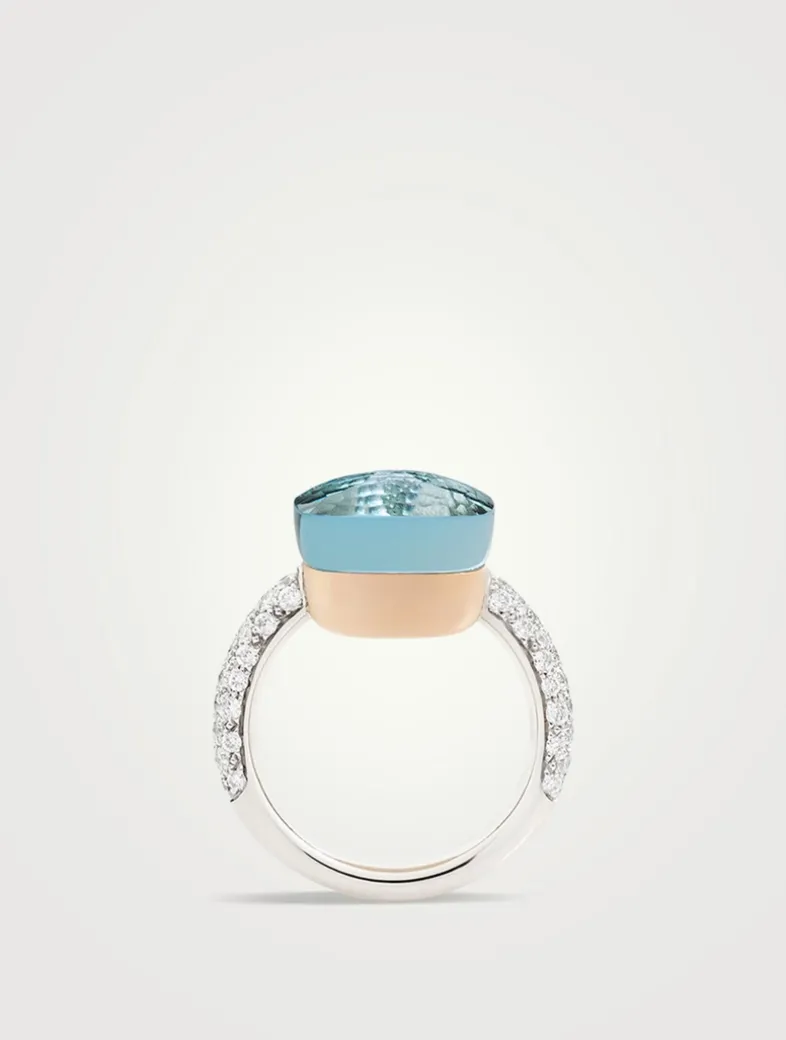 Maxi Nudo 18K White And Rose Gold Ring With Sky Blue Topaz And Diamonds