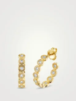 Medium 14K Gold Fluted Circle Hoop Earrings With Diamonds