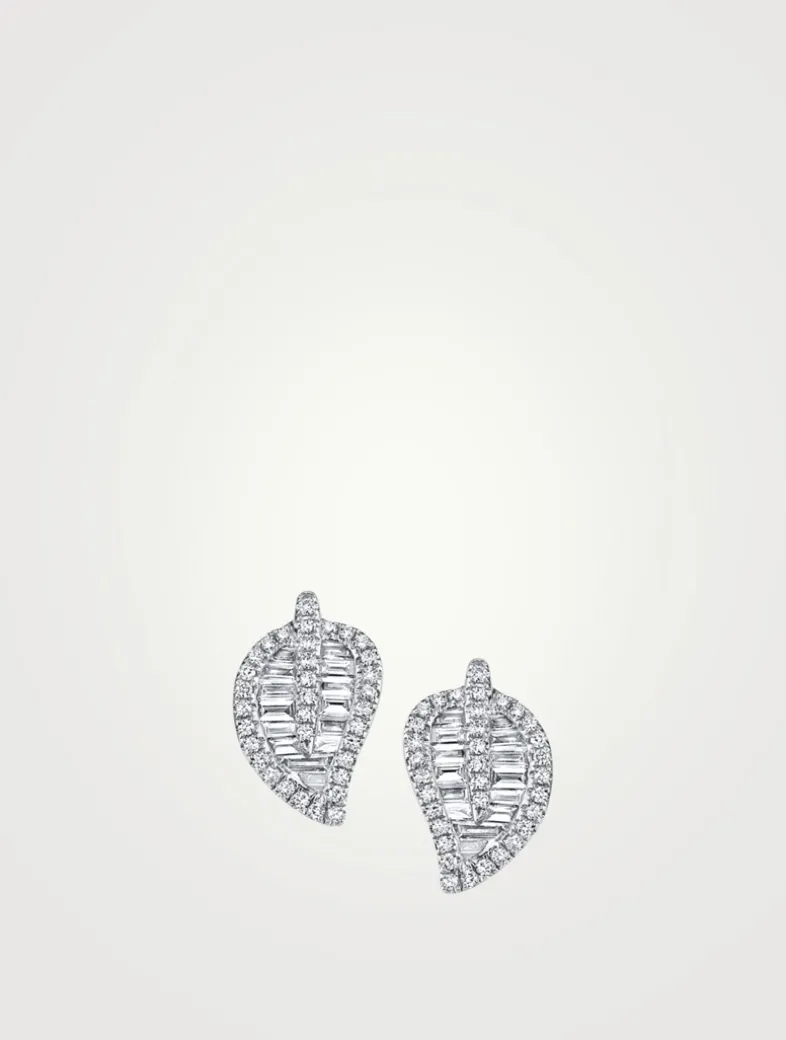 Medium 18K White Gold Leaf Stud Earrings With Diamonds