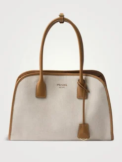Medium Linen Blend And Leather Tote Bag