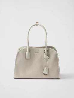 Medium Linen Blend And Leather Tote Bag