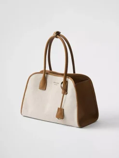 Medium Linen Blend And Leather Tote Bag
