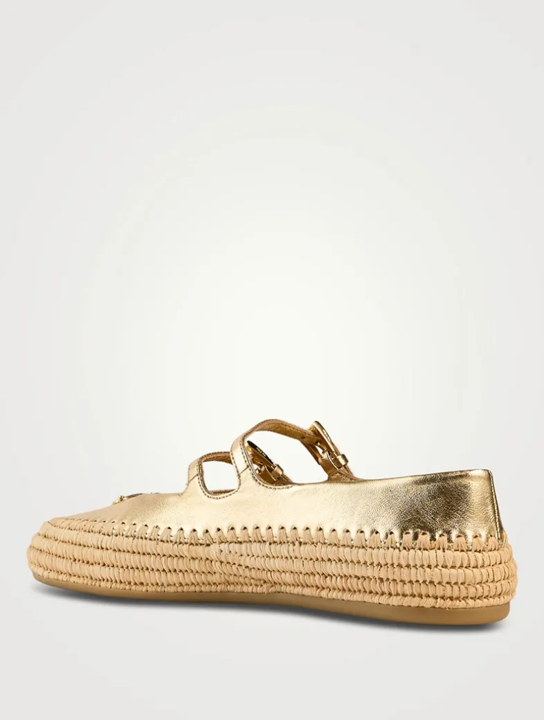 Metallic Leather And Raffia Ballerinas