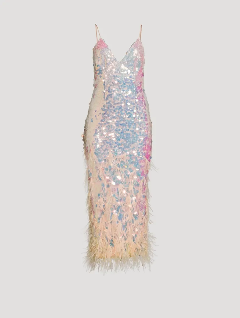 Miriana Feather-Trimmed Sequin Slip Dress