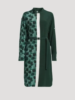 Mixed-Print Silk Shirt Dress