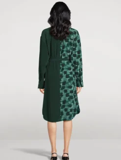 Mixed-Print Silk Shirt Dress