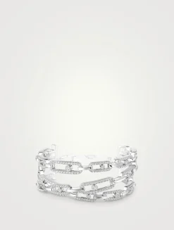 Move Link 18K White Gold 3-Row Cuff Bracelet With Diamonds