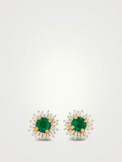 One Of A Kind 18K Gold Emerald And Diamond Flower Earrings