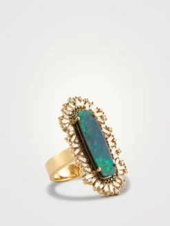 One-Of-A-Kind 18K Gold Opal Cocktail Ring With Green And White Diamonds
