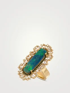 One-Of-A-Kind 18K Gold Opal Cocktail Ring With Green And White Diamonds