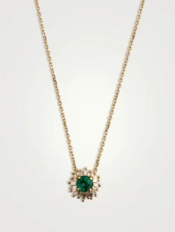 One-Of-A-Kind 14K Gold Round Emerald And Diamond Flower Pendant Necklace