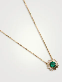 One-Of-A-Kind 14K Gold Round Emerald And Diamond Flower Pendant Necklace