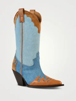 Patchwork Denim And Leather Western Boots