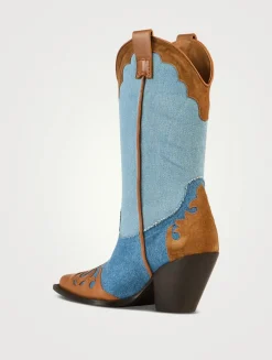 Patchwork Denim And Leather Western Boots