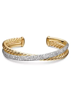 Pavé Crossover Two Row Cuff Bracelet In 18k Yellow Gold With Diamonds, 10.5mm