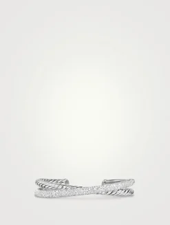 Pavé Crossover Two Row Cuff Bracelet In Sterling Silver With Diamonds, 10.8mm
