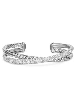 Pavé Crossover Two Row Cuff Bracelet In Sterling Silver With Diamonds, 10.8mm