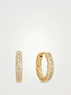 Pavé Huggie Hoop Earrings In 18k Yellow Gold With Diamonds, 13mm