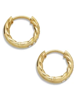 Pavé Huggie Hoop Earrings In 18k Yellow Gold With Diamonds, 13mm