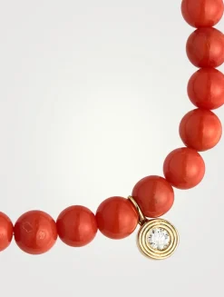 Peach Coral Beaded Bracelet With Fluted 14K Gold Diamond Charm