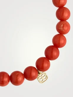 Peach Coral Beaded Bracelet With Fluted 14K Gold Diamond Charm