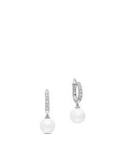 Pearl And Pavé Drop Earrings In Sterling Silver With Pearls And Diamonds, 15.6mm