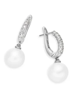 Pearl And Pavé Drop Earrings In Sterling Silver With Pearls And Diamonds, 15.6mm