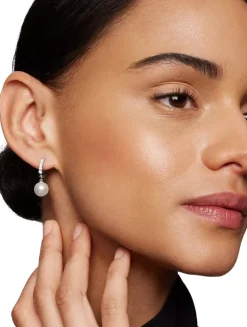 Pearl And Pavé Drop Earrings In Sterling Silver With Pearls And Diamonds, 15.6mm