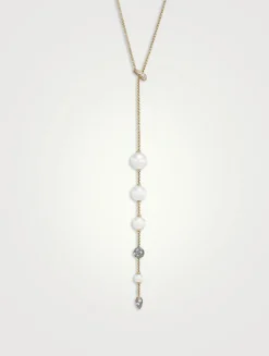 Pearl And Pavé Y Necklace In 18k Yellow Gold With Diamonds