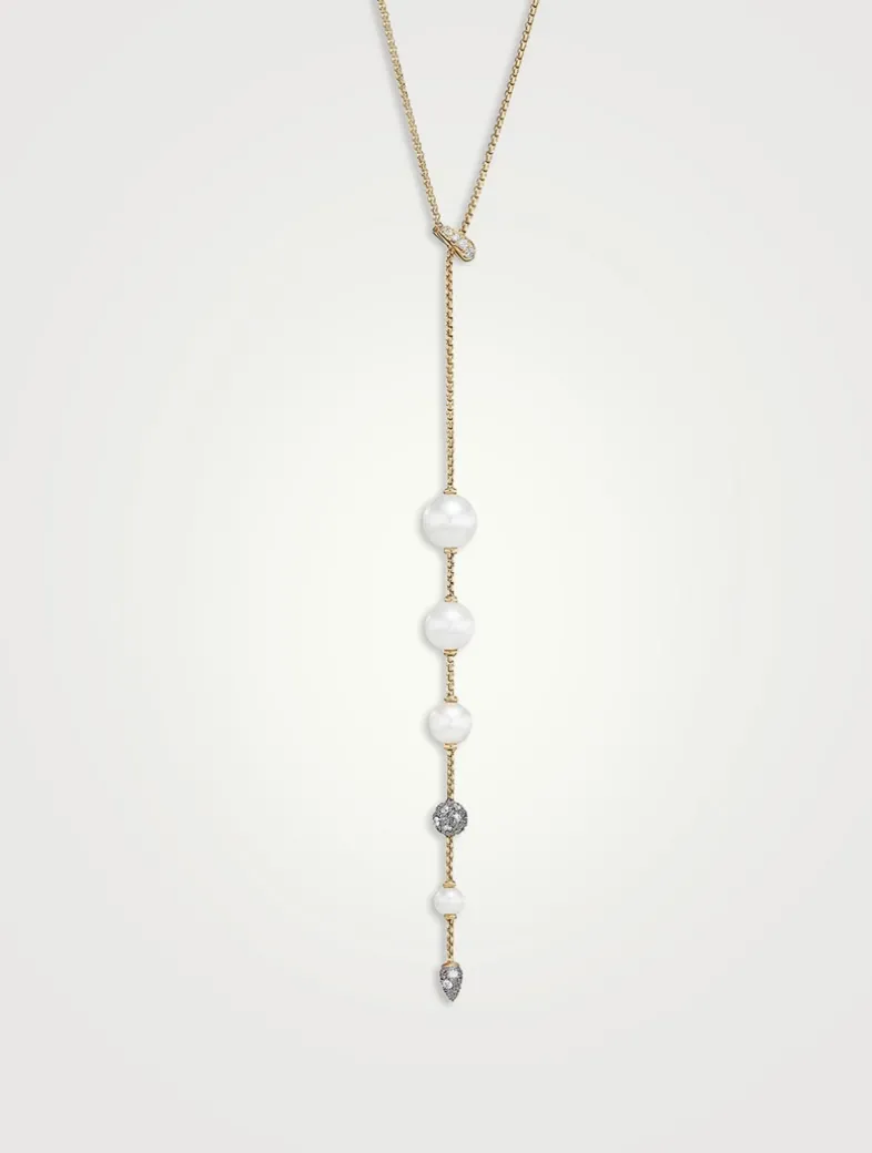 Pearl And Pavé Y Necklace In 18k Yellow Gold With Diamonds