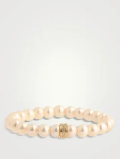 Pearl Beaded Bracelet With 14K Gold Fluted Pavé Diamond Rondelles