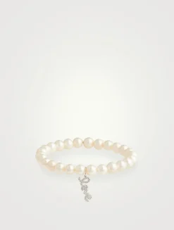 Pearl Bracelet With Mini 14K White Gold Diamond Love Charm