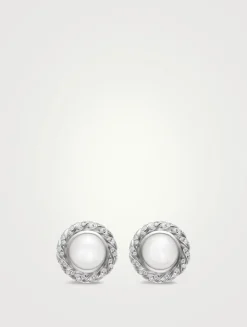 Pearl Classics Cable Halo Button Earrings In Sterling Silver With Diamonds, 13mm