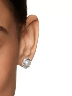 Pearl Classics Cable Halo Button Earrings In Sterling Silver With Diamonds, 13mm