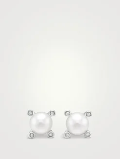 Pearl Stud Earrings In Sterling Silver With Pearls And Diamonds, 7.4mm