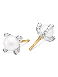 Pearl Stud Earrings In Sterling Silver With Pearls And Diamonds, 7.4mm