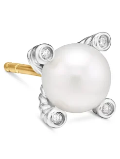 Pearl Stud Earrings In Sterling Silver With Pearls And Diamonds, 7.4mm