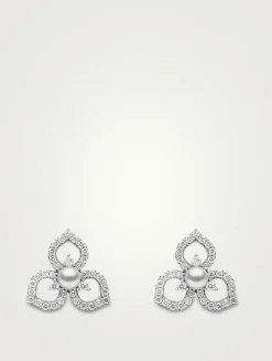 Petal 18K White Gold Akoya Pearl Earrings With Diamonds