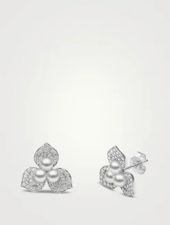 Petal 18K White Gold Akoya Pearl Earrings With Diamonds