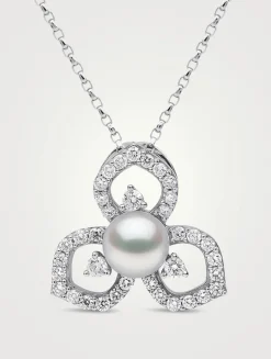 Petal 18K White Gold Akoya Pearl Necklace With Diamonds