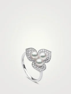 Petal 18K White Gold Akoya Pearl Ring With Diamonds