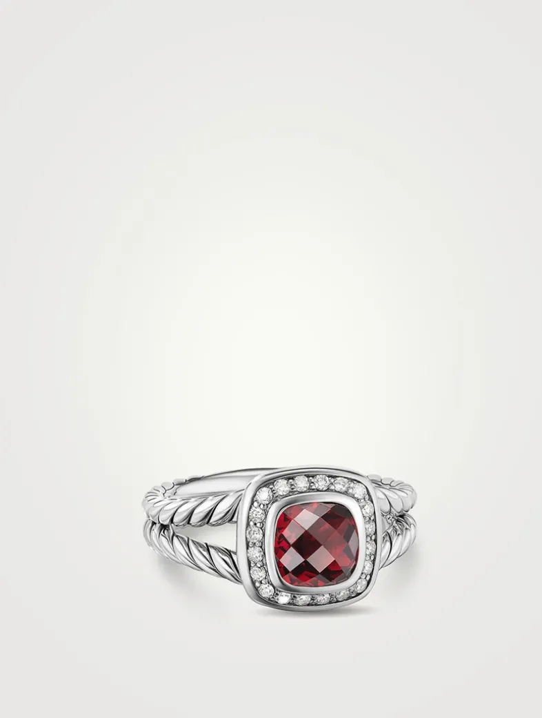 Petite Albion® Ring In Sterling Silver With Garnet And Pavé Diamonds