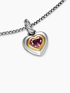 Petite Cable Heart Pendant Necklace In Sterling Silver With 14k Yellow Gold And Rhodolite Garnet, 17.1mm
