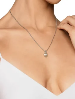 Petite Cable Heart Pendant Necklace In Sterling Silver With 14k Yellow Gold And Diamonds, 17.1mm